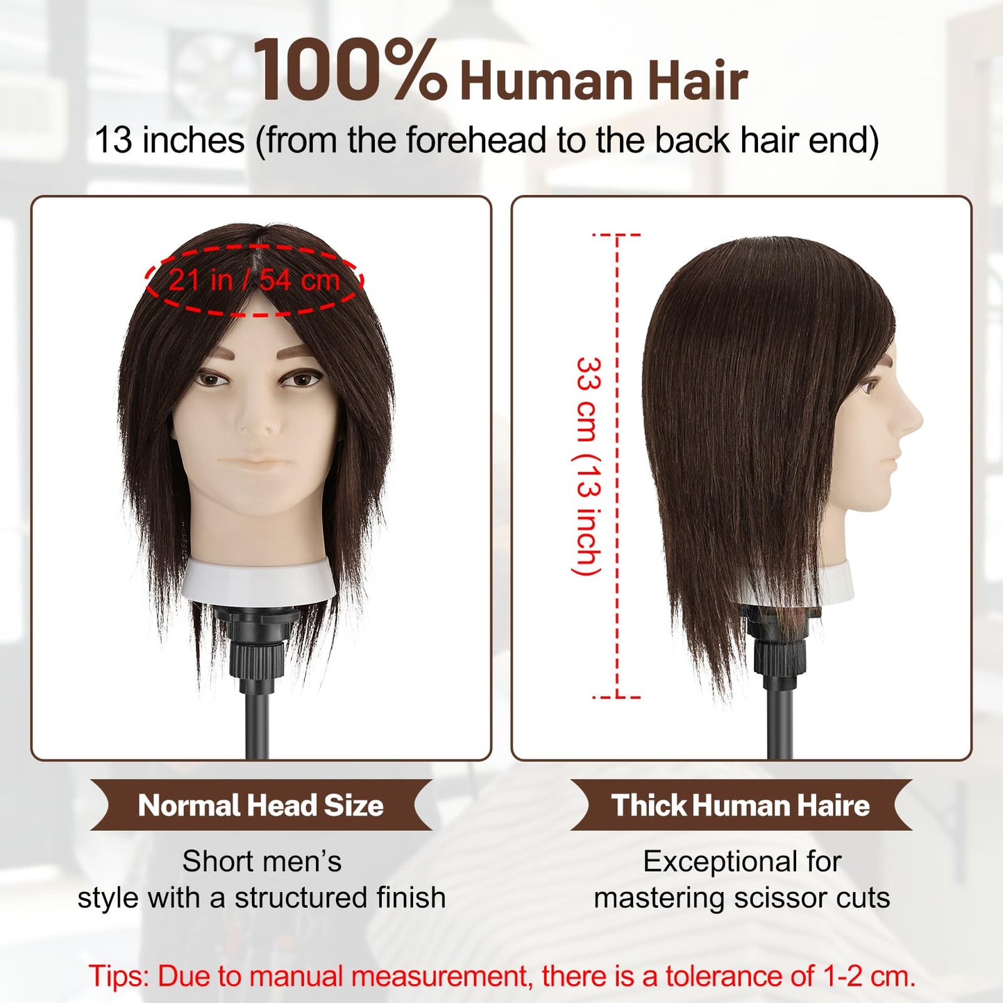 Barber Mannequin Head, 100% Real Brown Human Hair Male Head with Table Clamp, 8" Professional Hairdresser Training Doll Manikin Head for Practicing Hair Cutting and Styling
