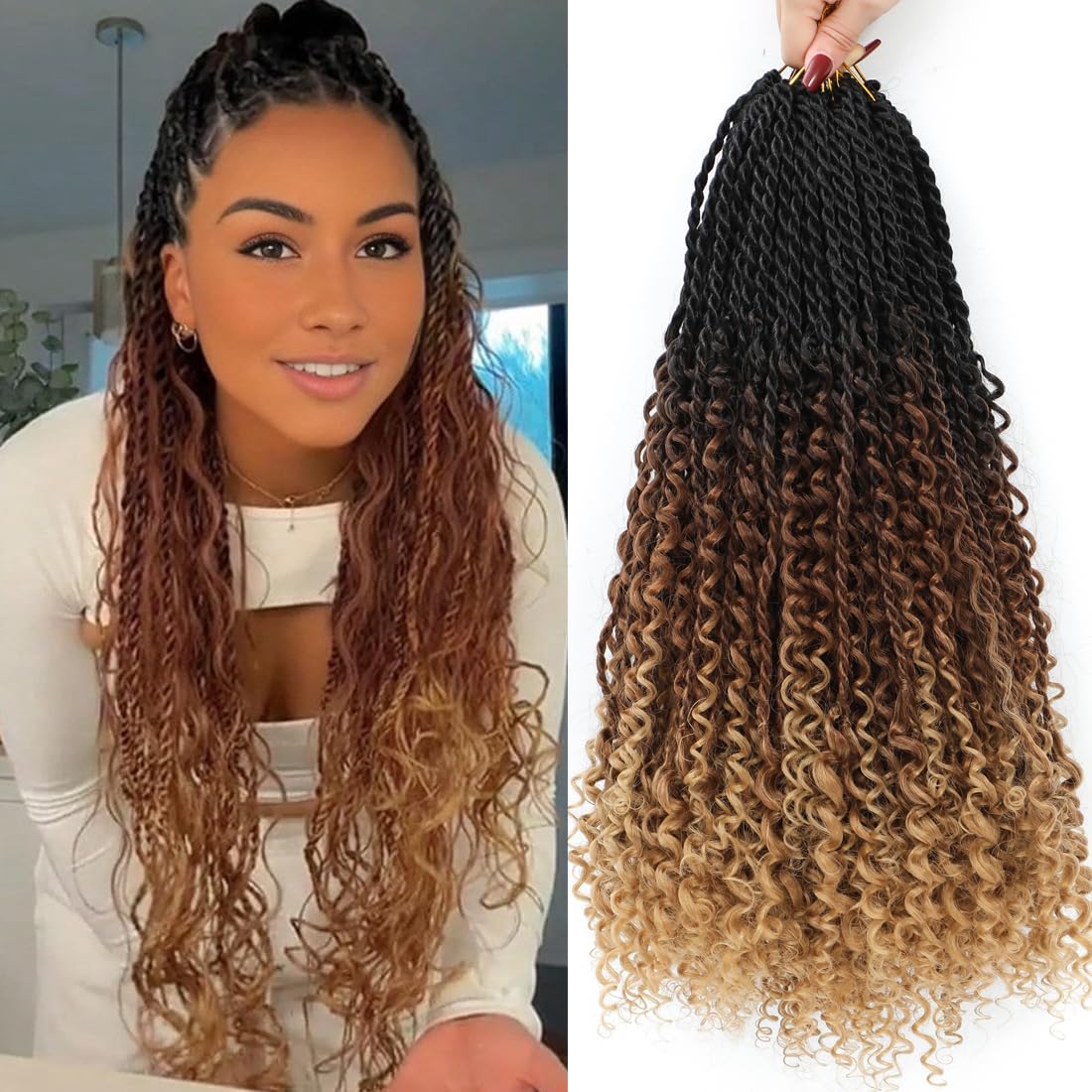 Goddess Twist Braids - Ombre Black Brown Crochet Hair Extensions | 14-Inch Curly Ends, 6 Packs for Black Women