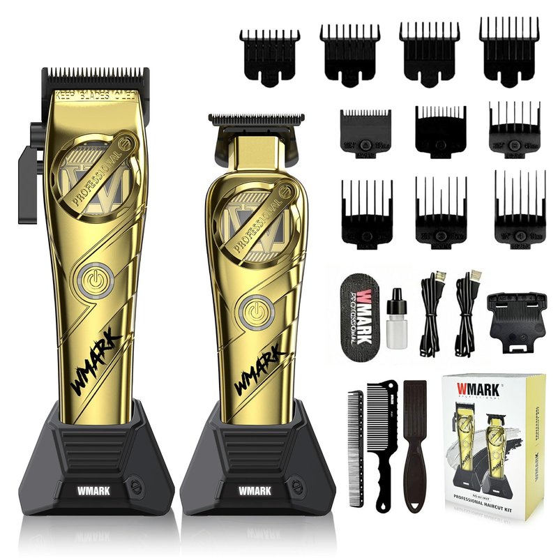 WMARK Hair Clippers for Men Professional Barber Clippers and Trimmers Set Cordless Hair Clippers for Hair Cutting, High Speed, Rechargeable, Powder Metallurgy DLC Ceramic Fade NG-8613 KIT (Gold)