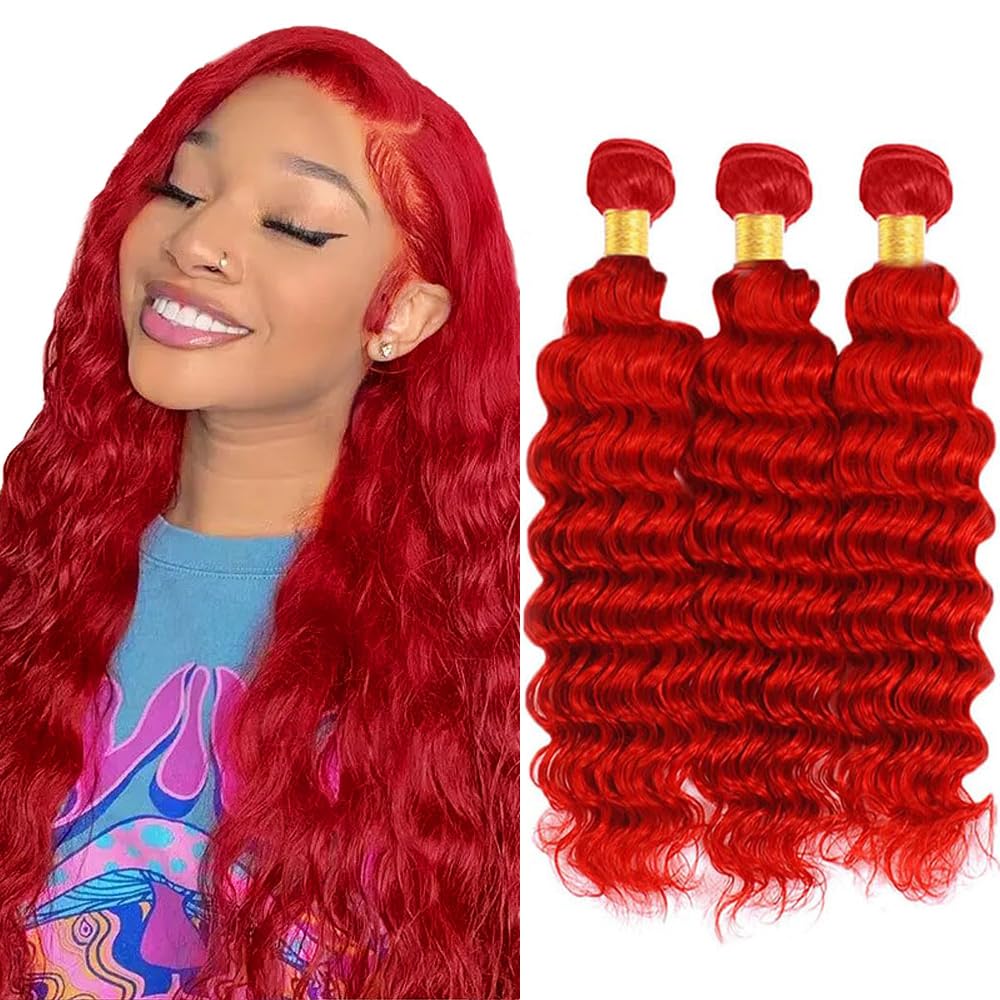 30 32 34 Inch Red Human Hair Bundles Braight Red Deep Wave Bundle Unprocessed Brazilian Remy Hair 3 Bundles/150g Burgundy Deep Wave Hair Weave