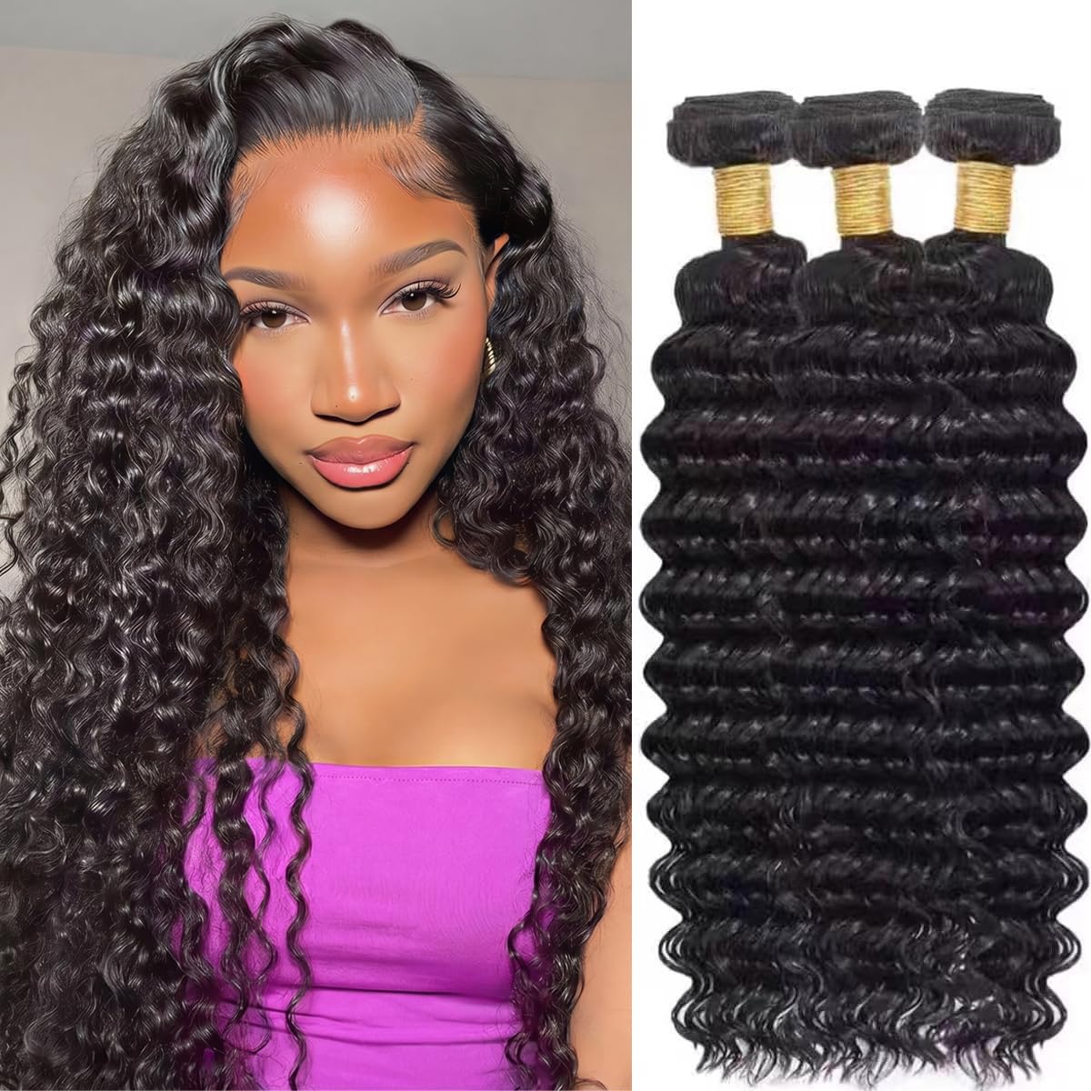 Human Hair Bundles Deep Wave 12 14 16 Inch Curly Bundles Human Hair 100% Unprocessed Brazilian Virgin Hair 3 Bundles For Women Wet and Wavy Quick Weave Hair Bundle Hair Extensions Natural Black