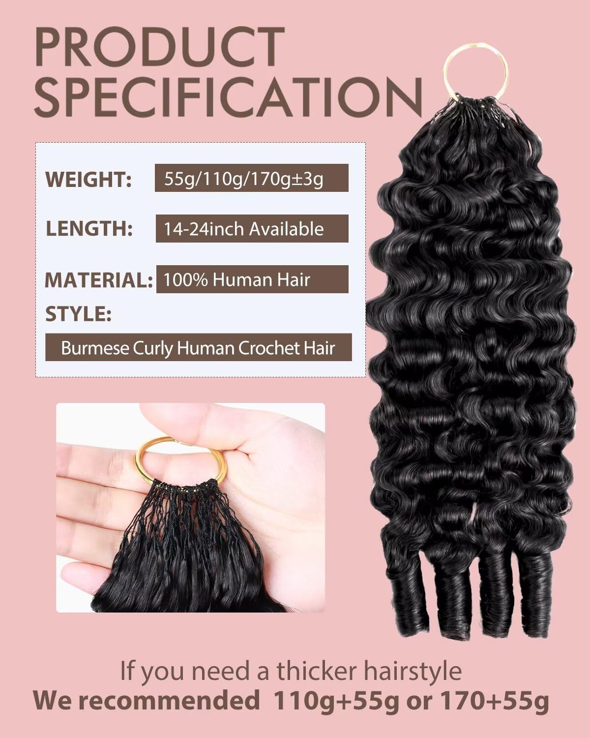 Human Crochet Hair for Black Women - 18 Inch Feather Extensions | Soft Lightweight Burmese Curly Texture, 55g 40 Strands