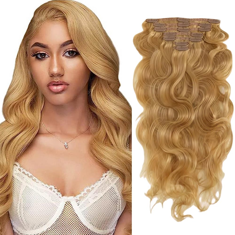 #27 Blonde Clip in Hair Extensions Real Human Hair, 20 Inch 120g/7Pcs,Full Shine Remy Human Hair,Honey Blonde Long Wave Clip ins Brazilian Virgin Human Hair Extensions