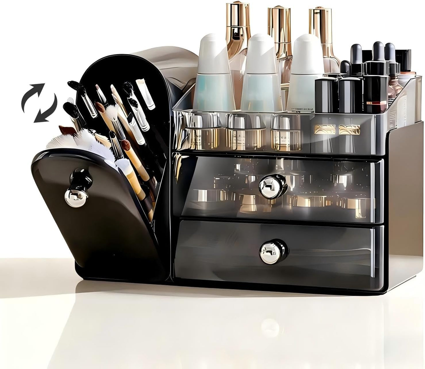 Makeup Organizer for Vanity - Large White Storage with Covered Brush Holder & Drawer | Bathroom & Skin Care Organizer