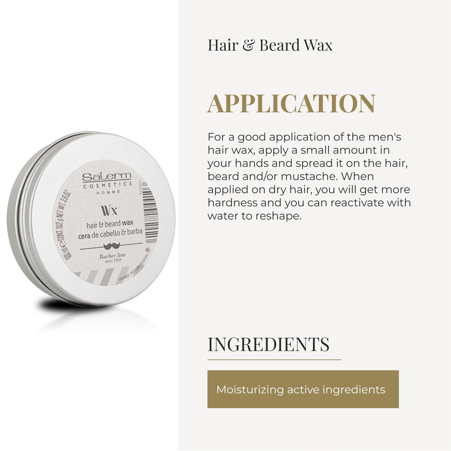 SALERM - Men's Hair Wax - Homme Barber Line - 100 ml - for Hair, Beard, and Mustache - Strong Hold and Medium Shine - with Hydrating Actives - Keeps Style Longer