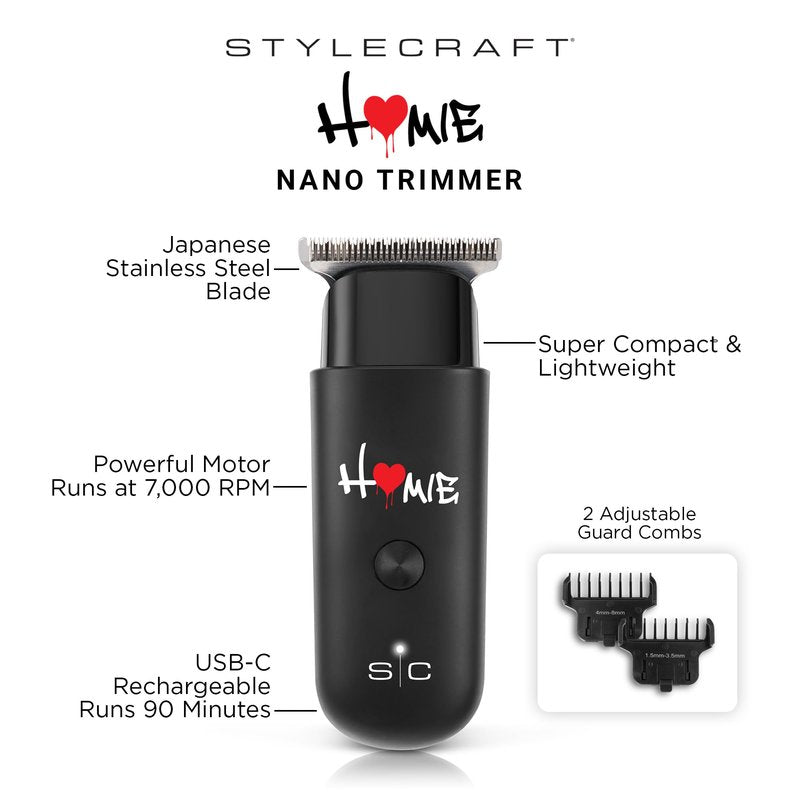 Stylecraft Homie Cordless Nano Hair Trimmer with Rotary Motor, Compact Size for Travel, Lightweight, USB-C Rechargeable