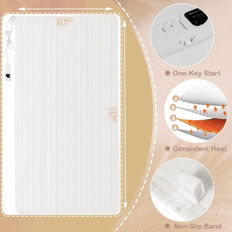 Heating Massage Table Warmer - 75x36in Heated Mattress Pad with 5 Heat Levels | UL Certified Electric Twin Bed Warmer