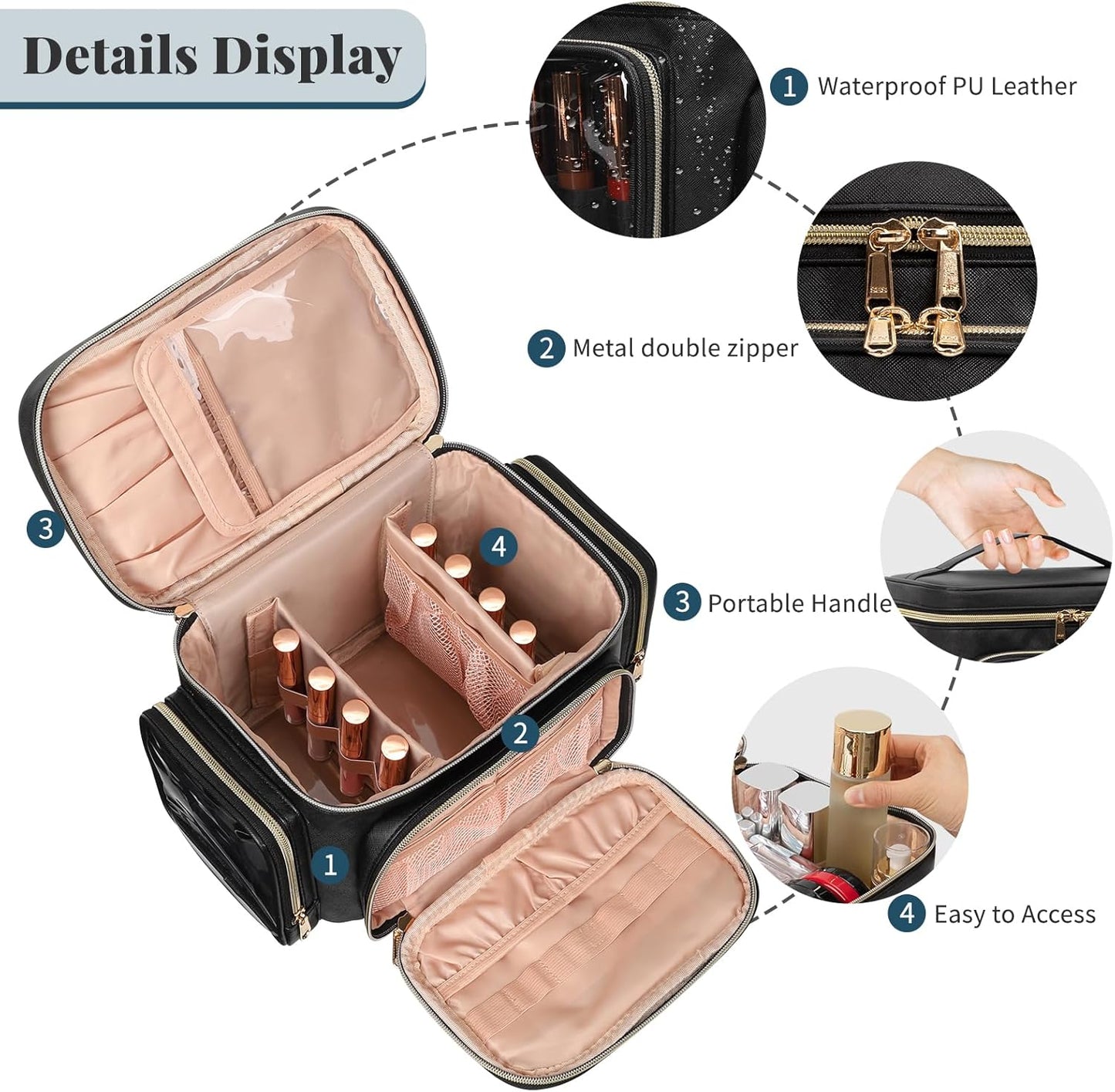 Large Makeup Bag Organizer for Women - Portable Travel Cosmetic Bag with Brush Compartment & Side Pockets | Black