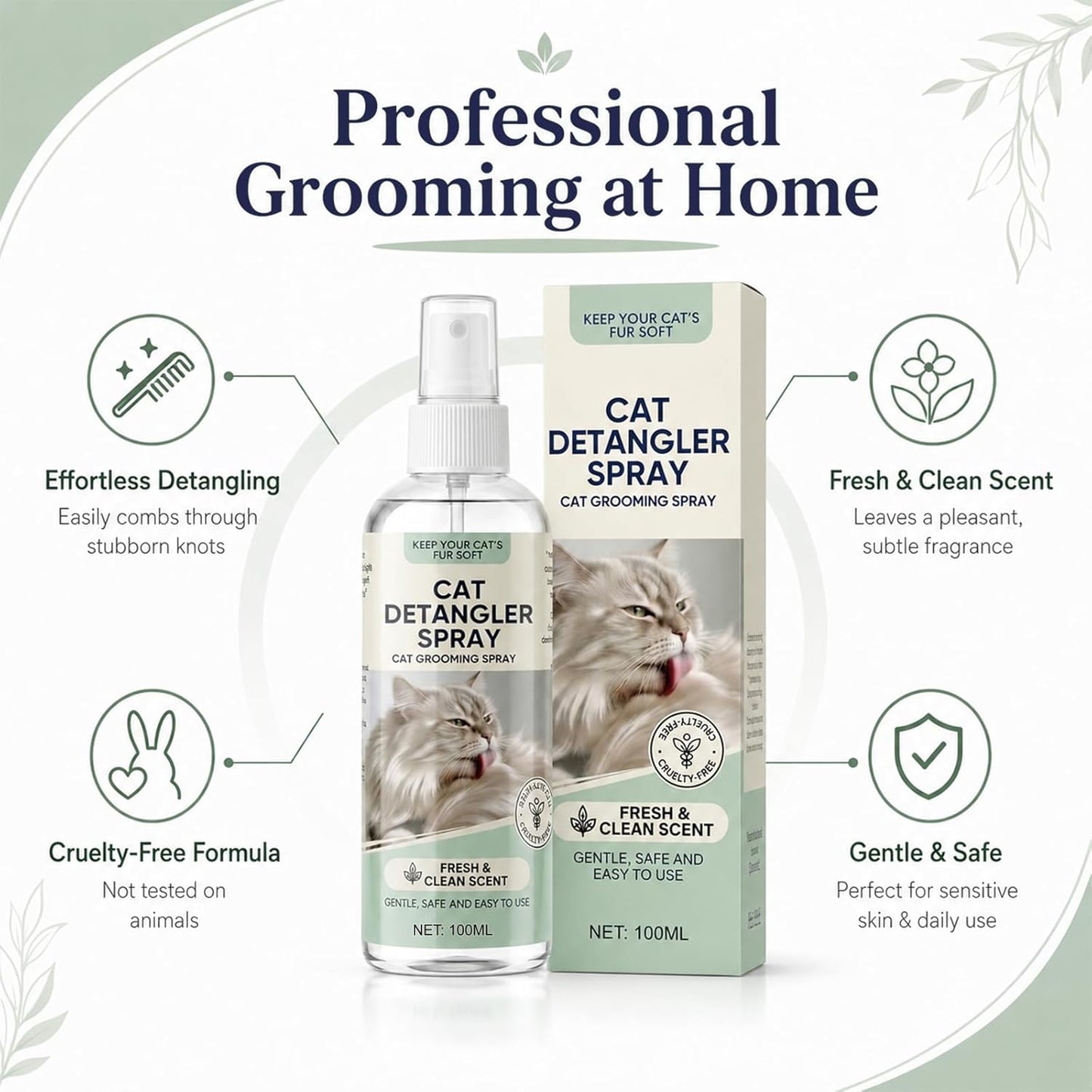 Cat Detangler Spray | Gentle Leave-in Grooming Spray with Aloe Vera & Coconut Oil - Loosens Knots, Reduces Static - 100ml
