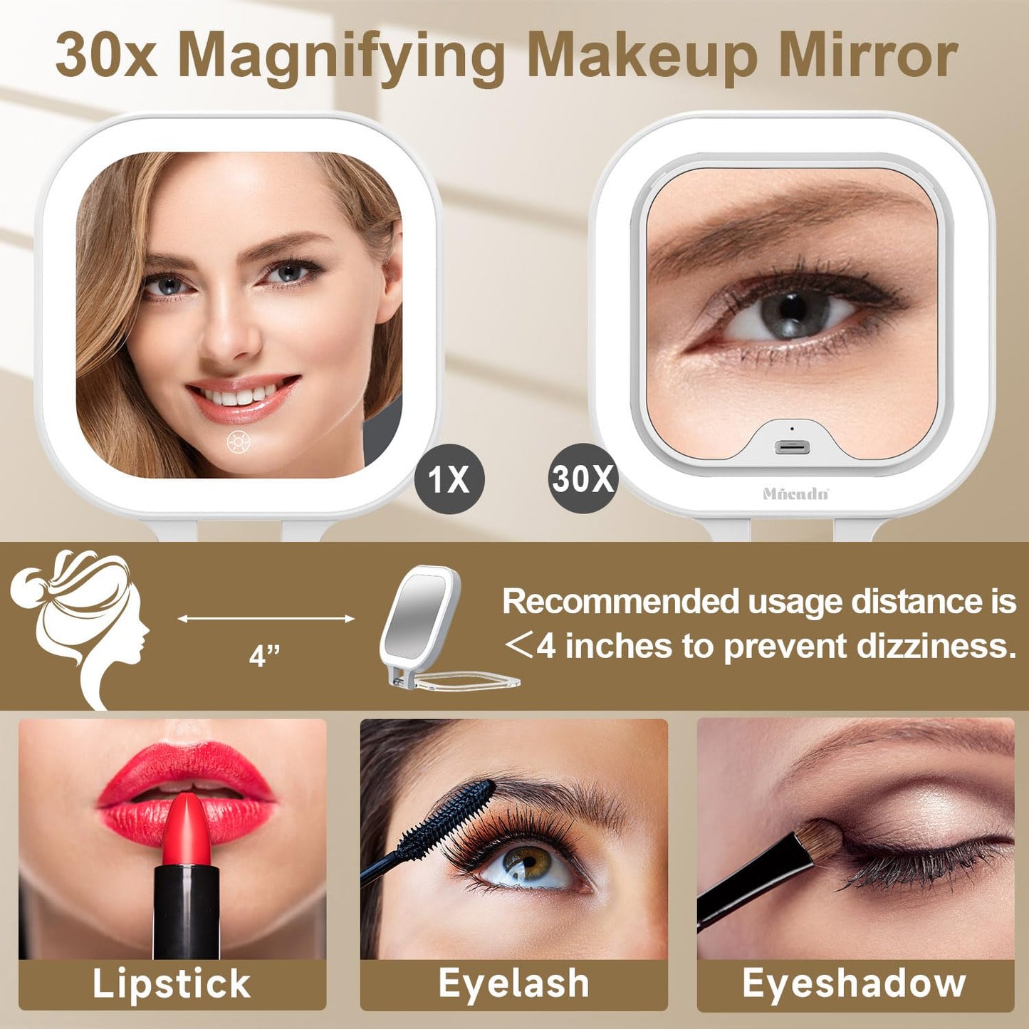 Mocado Compact Travel Makeup Mirror, 1X/30X Magnifying Mirror with Light