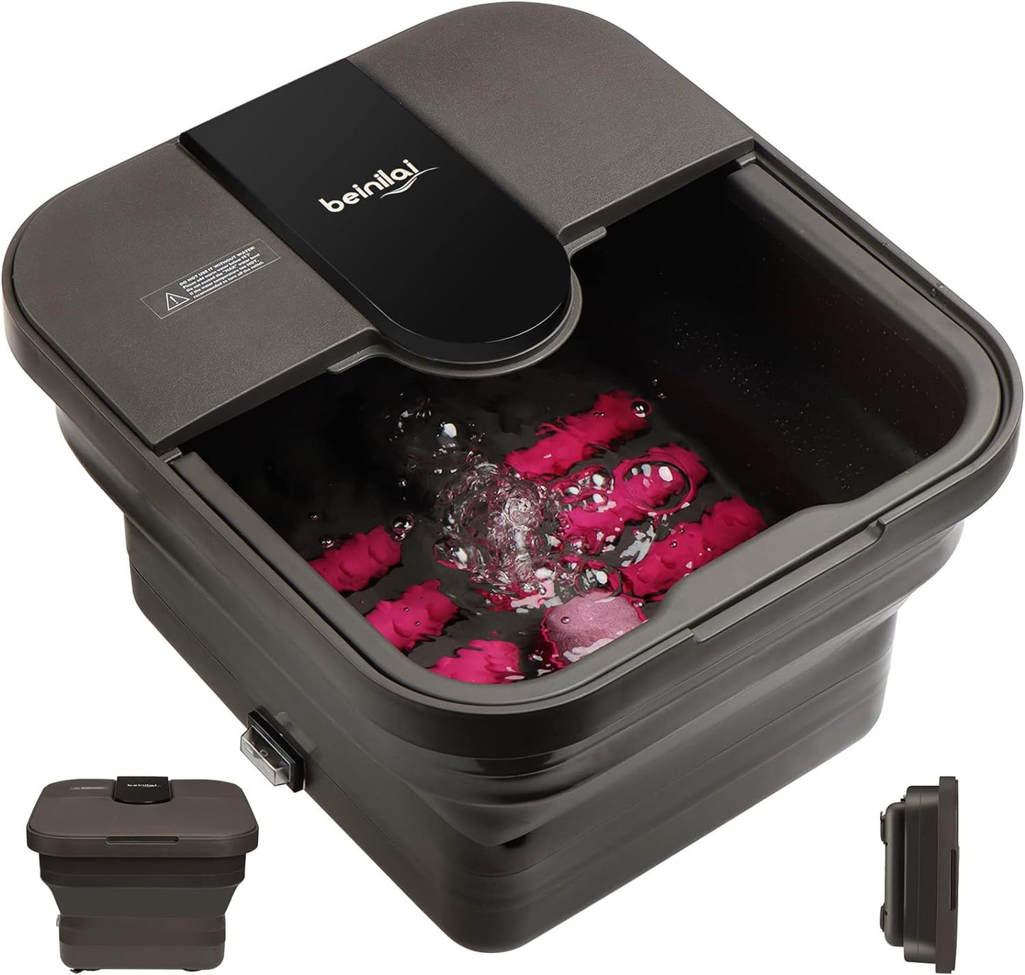 Beinilai Collapsible Foot Spa | Heated Foot Bath with Massage & Bubble Jets - Red Light, Pumice Stone, Acupressure Rollers