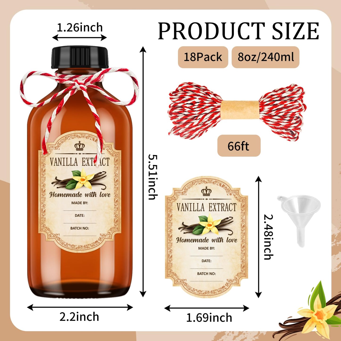 KEYWING 18 Pack 8oz Amber Glass Boston Round Bottles with Airtight Poly Cone Caps, Perfect Dispensing Bottles for Homemade Vanilla Extract, Syrups, Essential Oils, Holiday & Christmas Gift