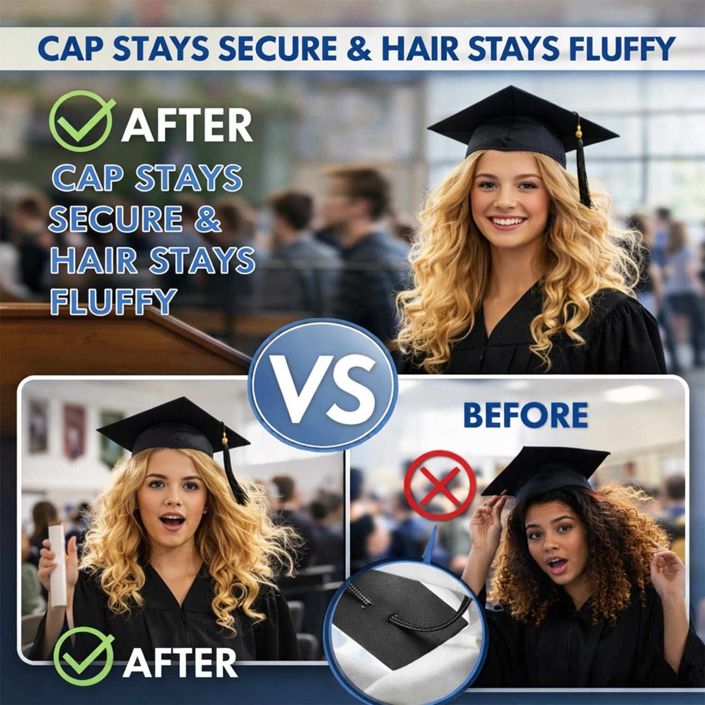 Graduation Cap Headband Insert - 2PC Anti-Fall Curly Hair Accessory | Secure Non-Slip Fit for Graduates