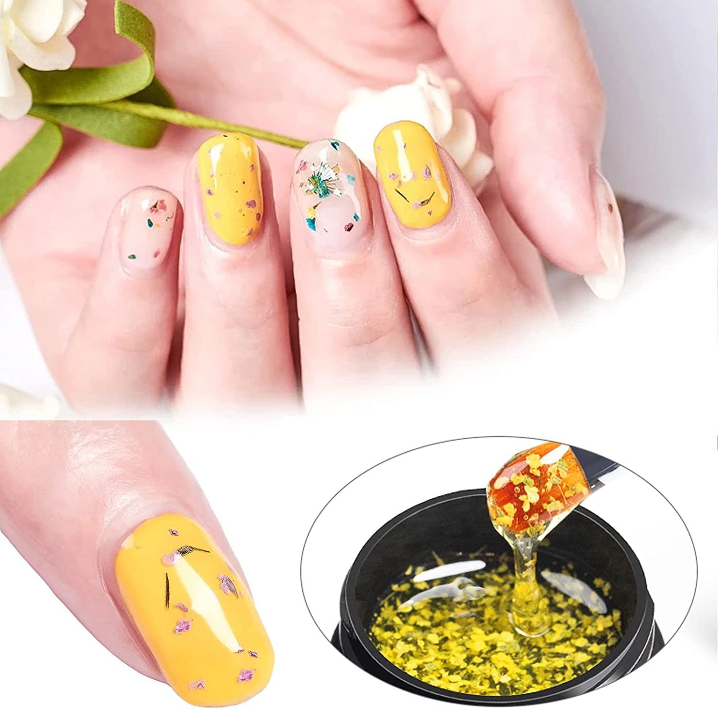 Bellecrey 6 Color/Set Dried Flowers Gel Nail Polish, Flower Fairy Gel Polish, Soak Off UV Holographic Varnish Rose Gold Pink Green Blue Purple Nail Polish Gel