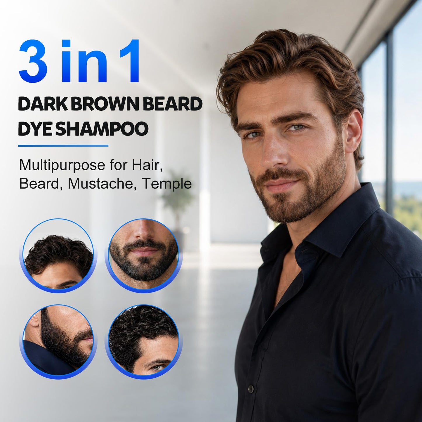 Mens Beard & Mustache Dye Shampoo, Instant 100% Grey Hair Coverage, Long-Lasting Natural Herbal Beard Coloring for Gray Hair, 3-in-1 Dye, Shampoo & Conditioner,200ML