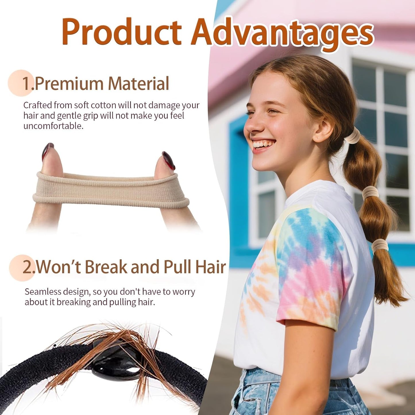 Bessrung 100 PCS Seamless Nylon Hair Ties - No Damage, Soft & Stretchy Ponytail Holders | Beige