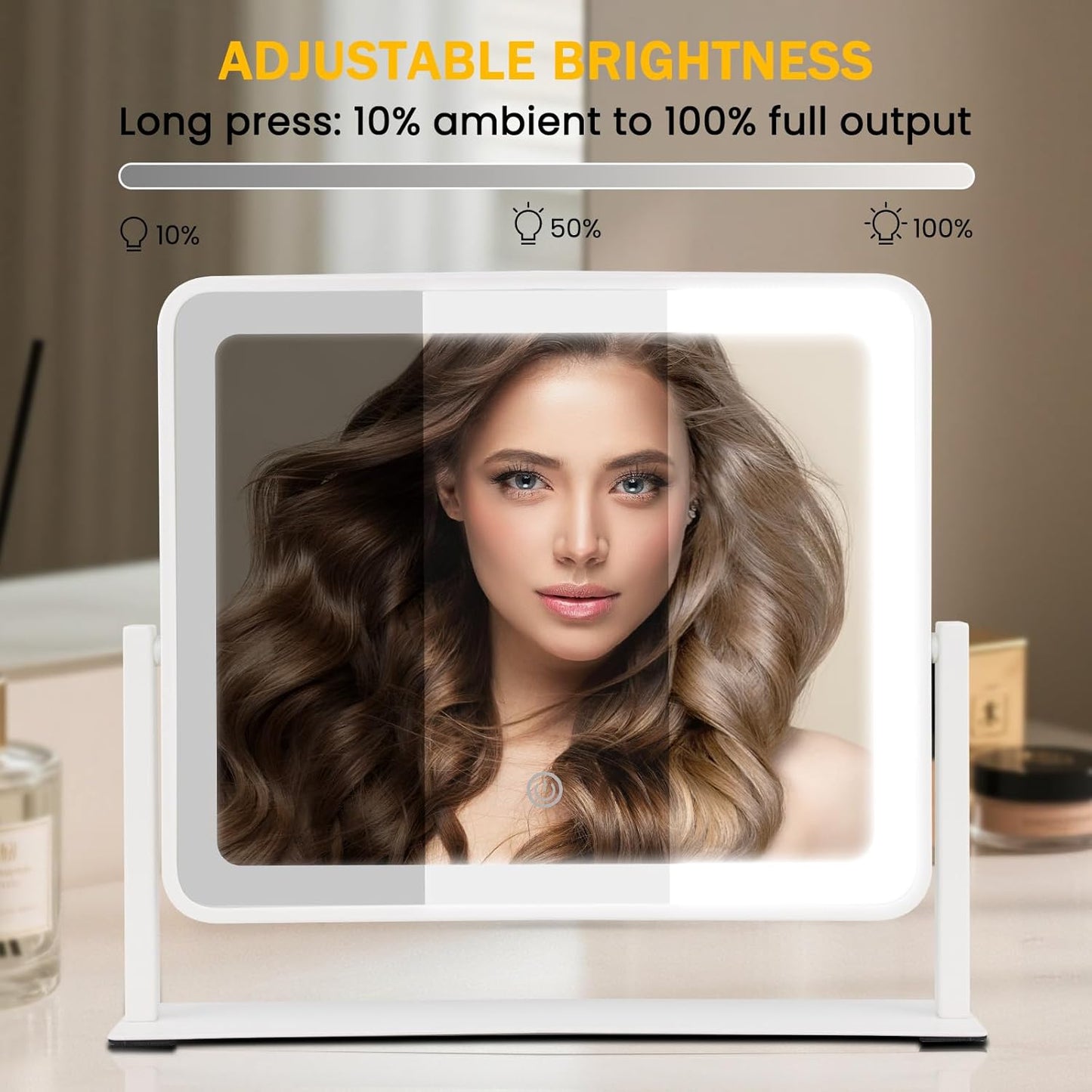 LED Makeup Mirror with Lights - 14"×12" HD Vanity Mirror | Smart Touch, 3-Color Lighting, Dimmable, 360° Rotation, White