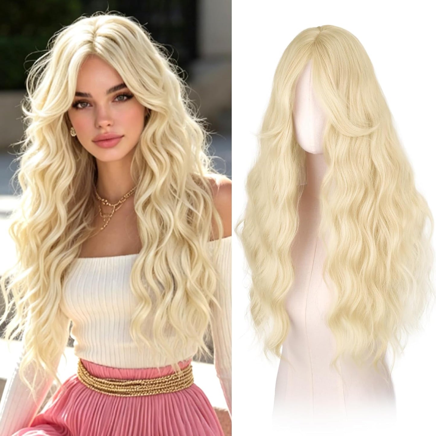 Pink Wigs for Women - Long Wavy Synthetic Hair Wig with Curtain Bangs | 26 Inch Natural Look for Daily Wear & Cosplay