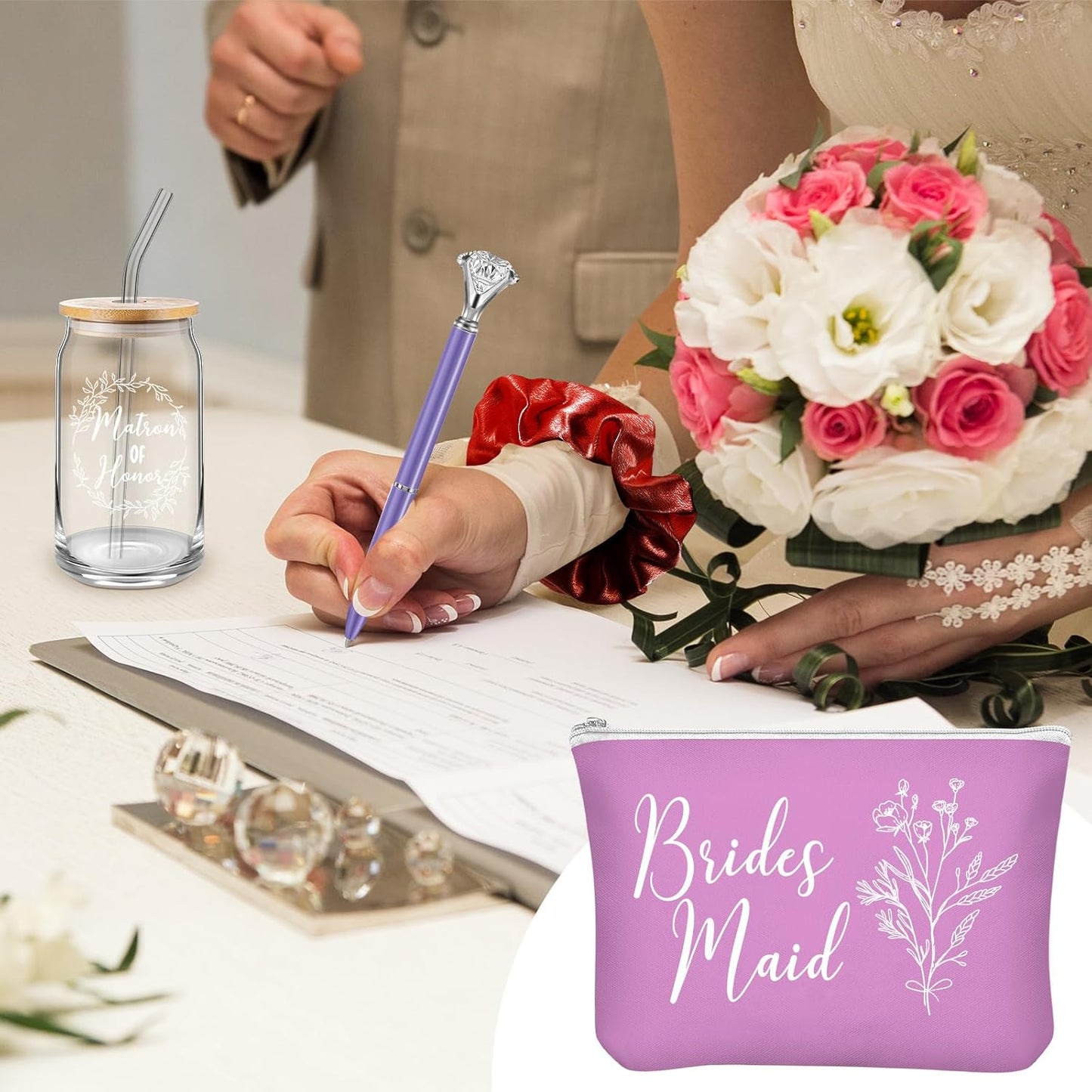 Bridesmaid Proposal Gifts - 48 Pcs Set with 16oz Glass Cups, Makeup Bags & More | Classic Purple