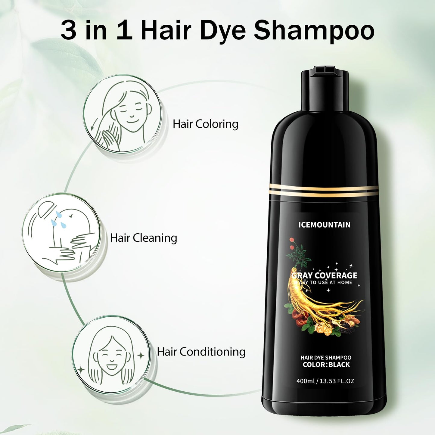 Black Hair Dye Shampoo, Gray Hair Coverage Ammonia Free & Paraben Free Natural Herbal Ingredients Semi Permanent Hair Color Shampoo for Women Men