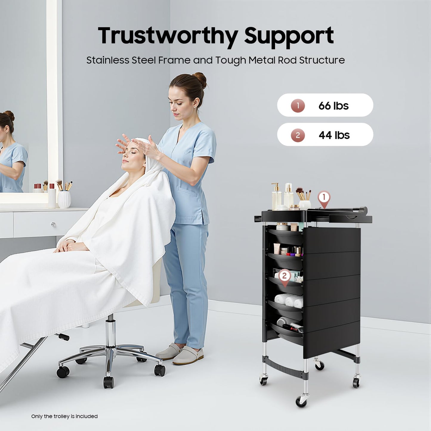 Salon Trolley, 6 Tiers Beauty Salon Trolley with Handle+Rolling Wheels, 5 Drawers and 2 Hair Dryer Holder Side Tray for Beauty Salons, Barber Stores, Hospitals, and Health Centers, Black