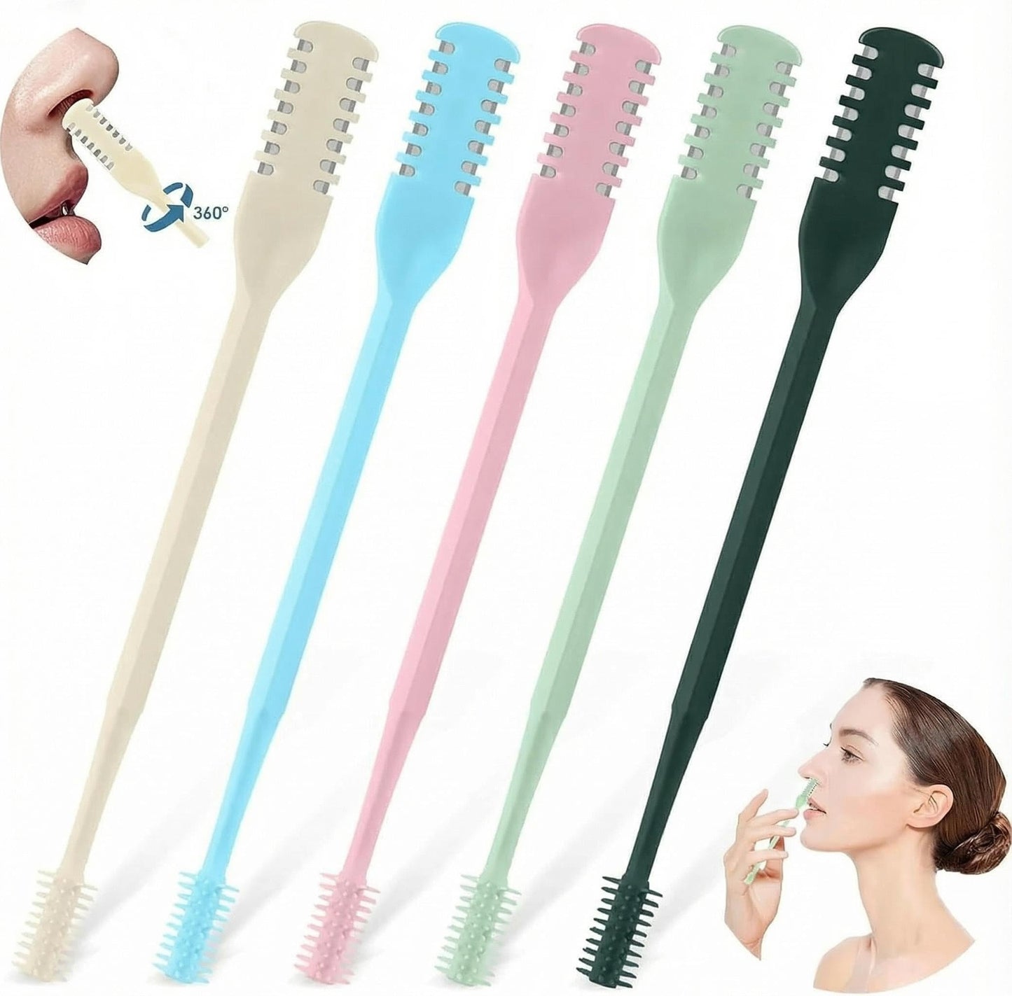 5 Pcs 2-in-1 Nasal Hair Cutter, Double Sided Nose Hair Cutter, Portable 360° Rotating Manual Nose Hair Trimmer for Men and Women, Colorful