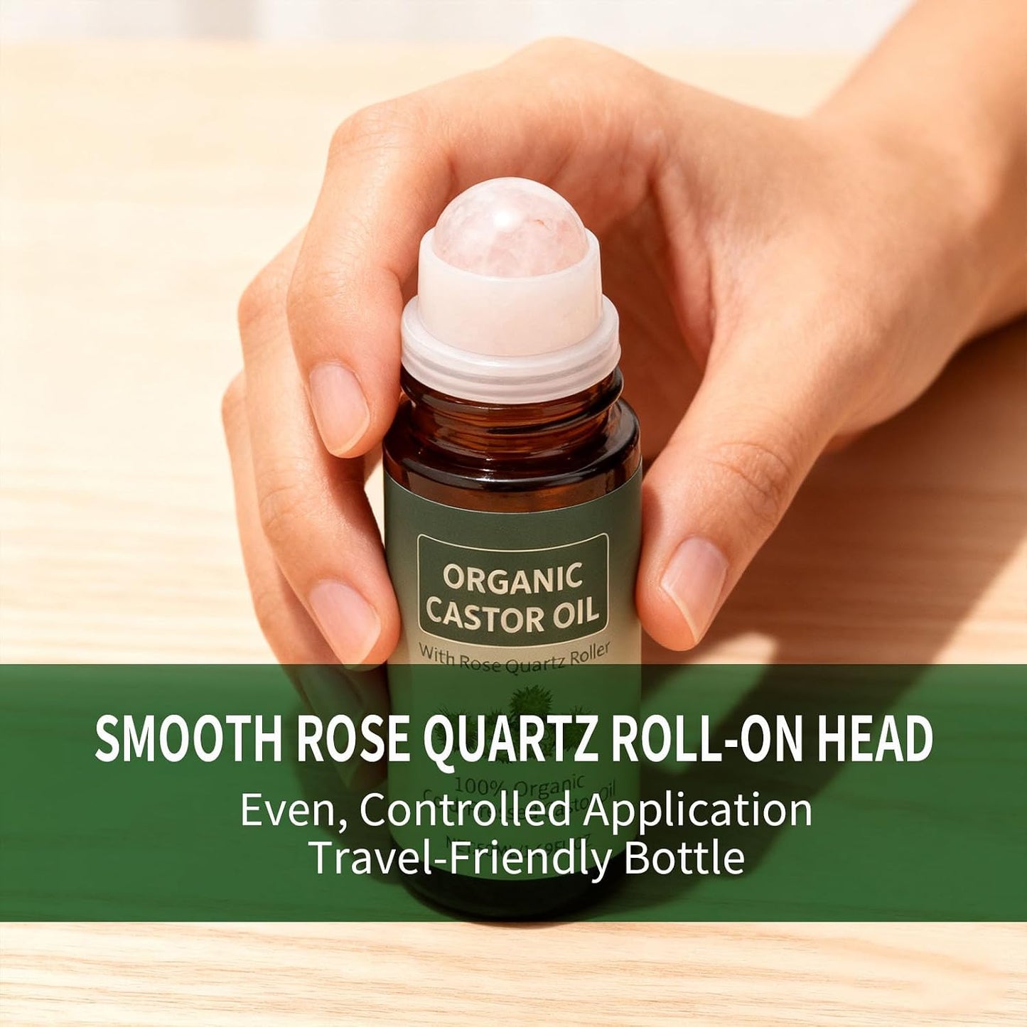 Organic Castor Oil Roll-On - 100% Cold-Pressed with Rose Quartz for Skin, Brows & Lashes | 1.7oz Glass Bottle