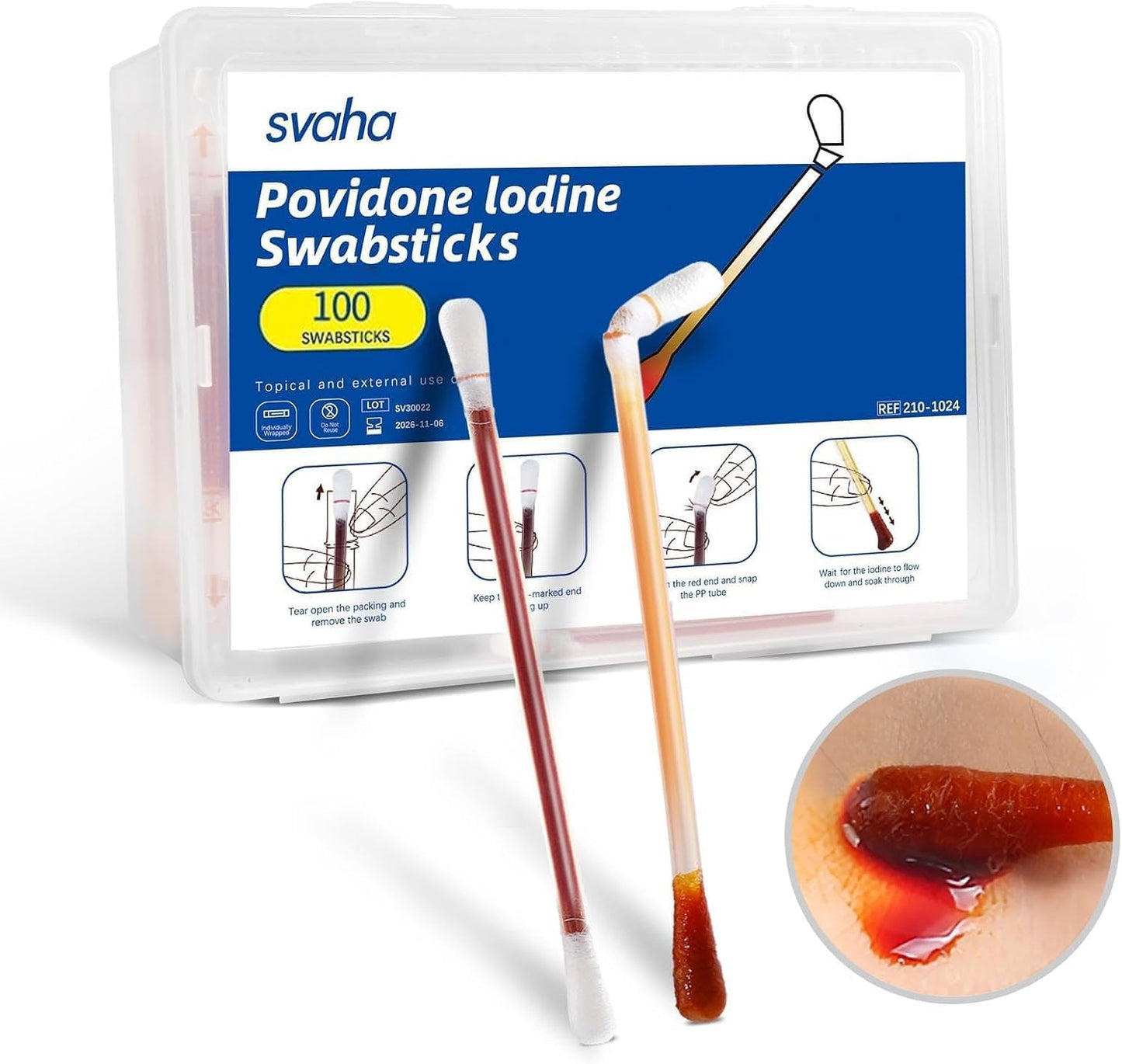 Povidone Iodine Swabsticks - 100 Individually Wrapped Skin Prep Swabs | First Aid & Wound Care
