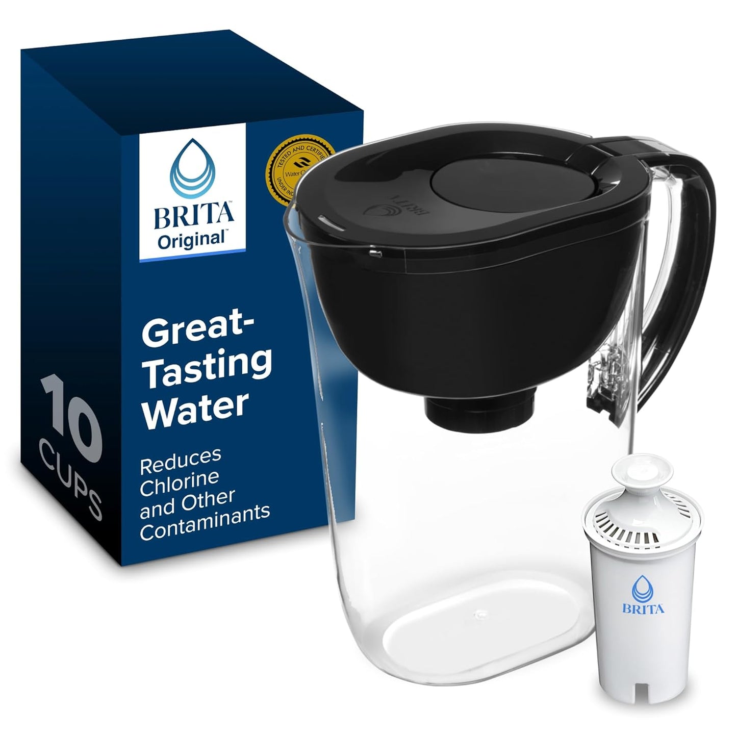 Brita Large 10-Cup Water Filter Pitcher - Reduces Chlorine Taste & Odor | Black