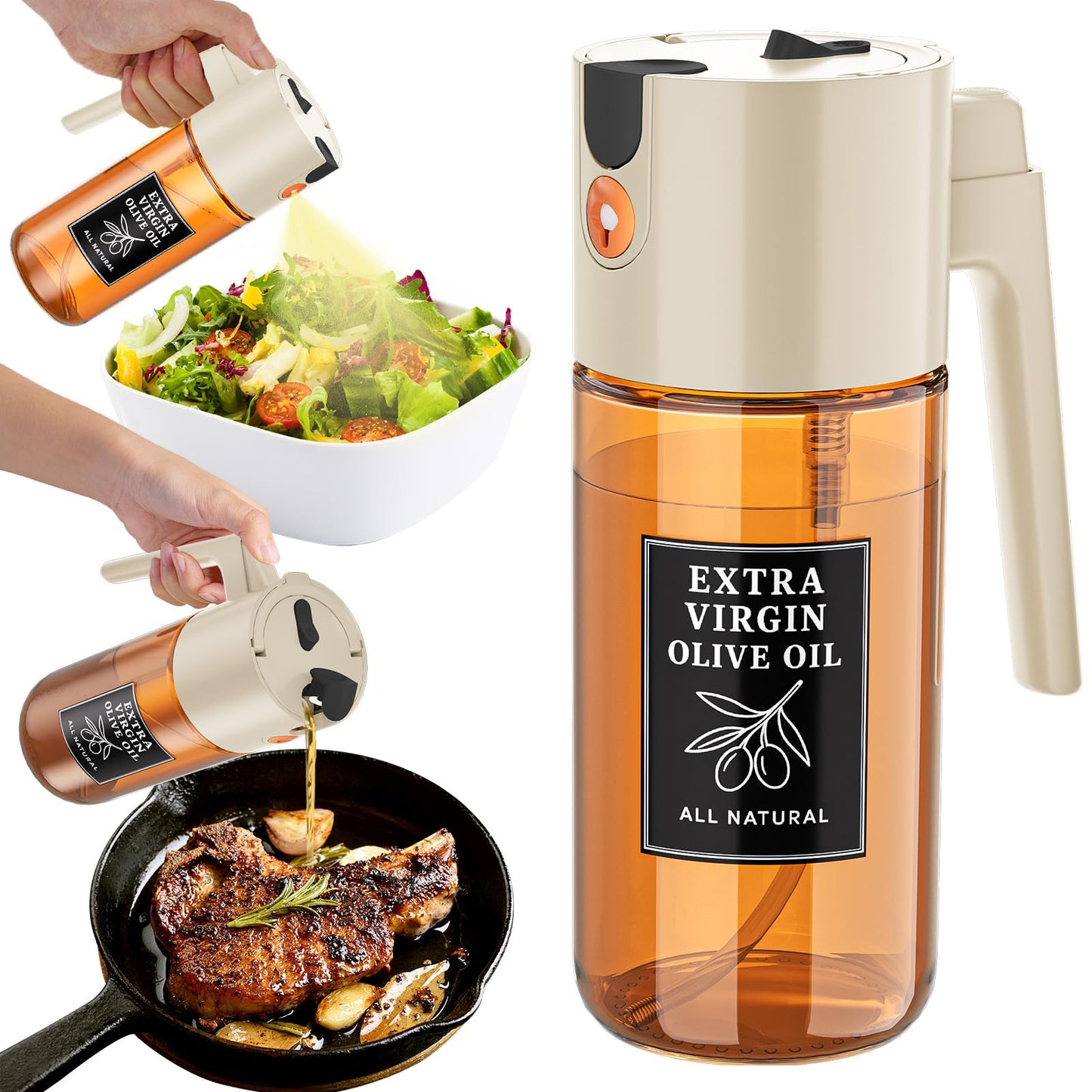 TELUNSHI 500ml Beige Glass Oil Sprayer, Dark-Tinted Glass Fine Mist Spray Bottle for Baking, Salad, Air Fryer, Light Cooking, Refillable 2-in-1 Oil Dispenser