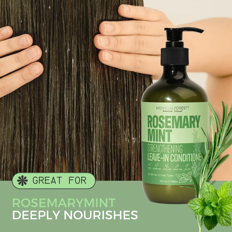 MONTANA FOREST Rosemary Mint Strengthening Leave-In Conditioner - 16 fl oz | Natural Botanical Hair Care | Nourishing and Strengthening for All Hair Types | Sulfate-Free, Paraben-Free, and Non-GMO