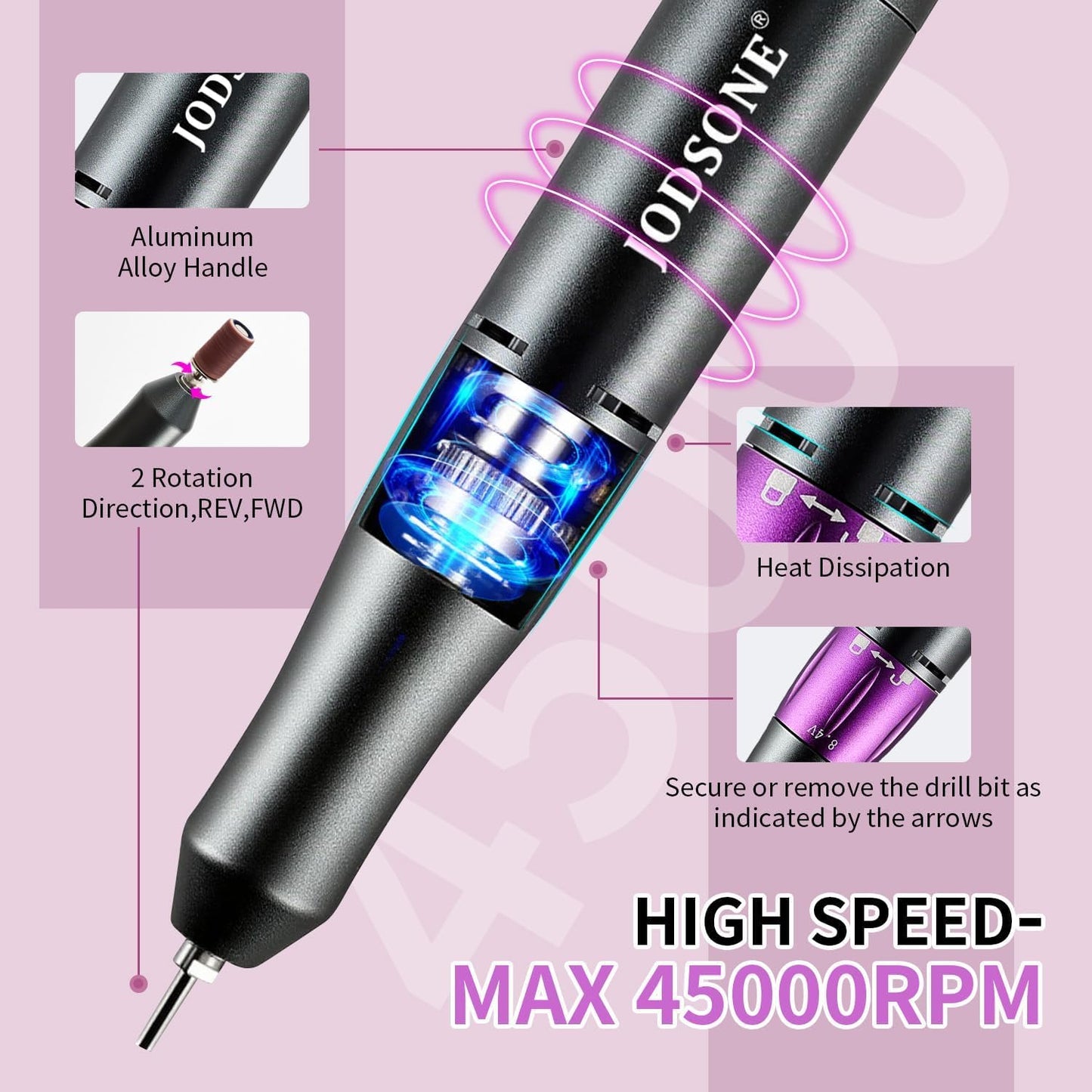 JODSONE Nail Drill - 45000 RPM Rechargeable Nail File for Gel Removal | Low Noise & Portable for Home or Salon