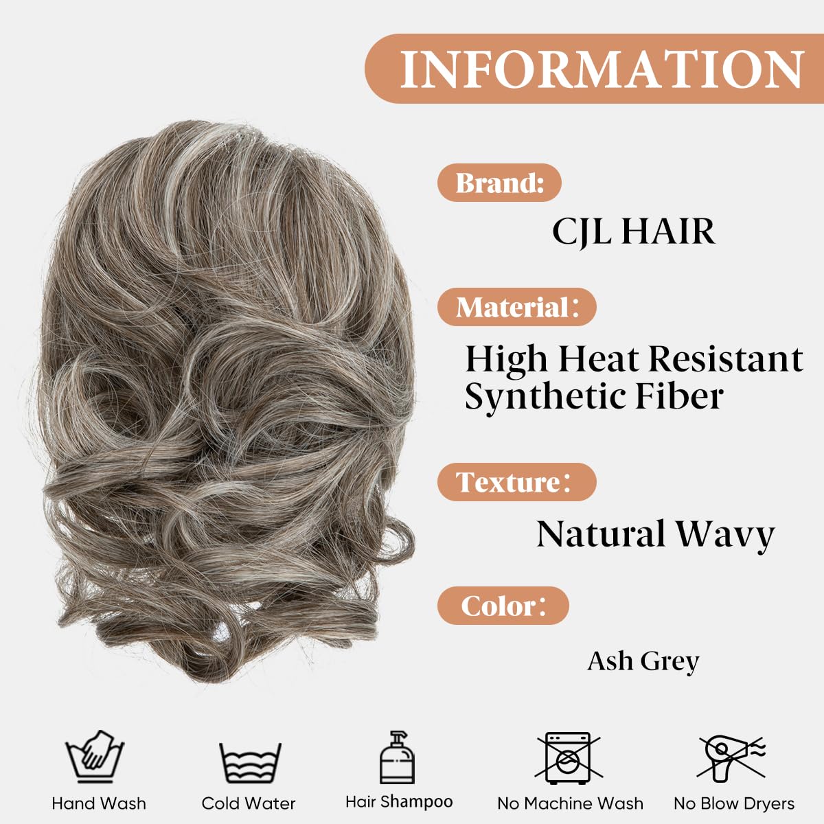 CJL Hair Claw Clip Short Ponytail Extensions - Bendable Metal Messy Bun Piece | Wavy Curly Synthetic Hair, Ash Grey