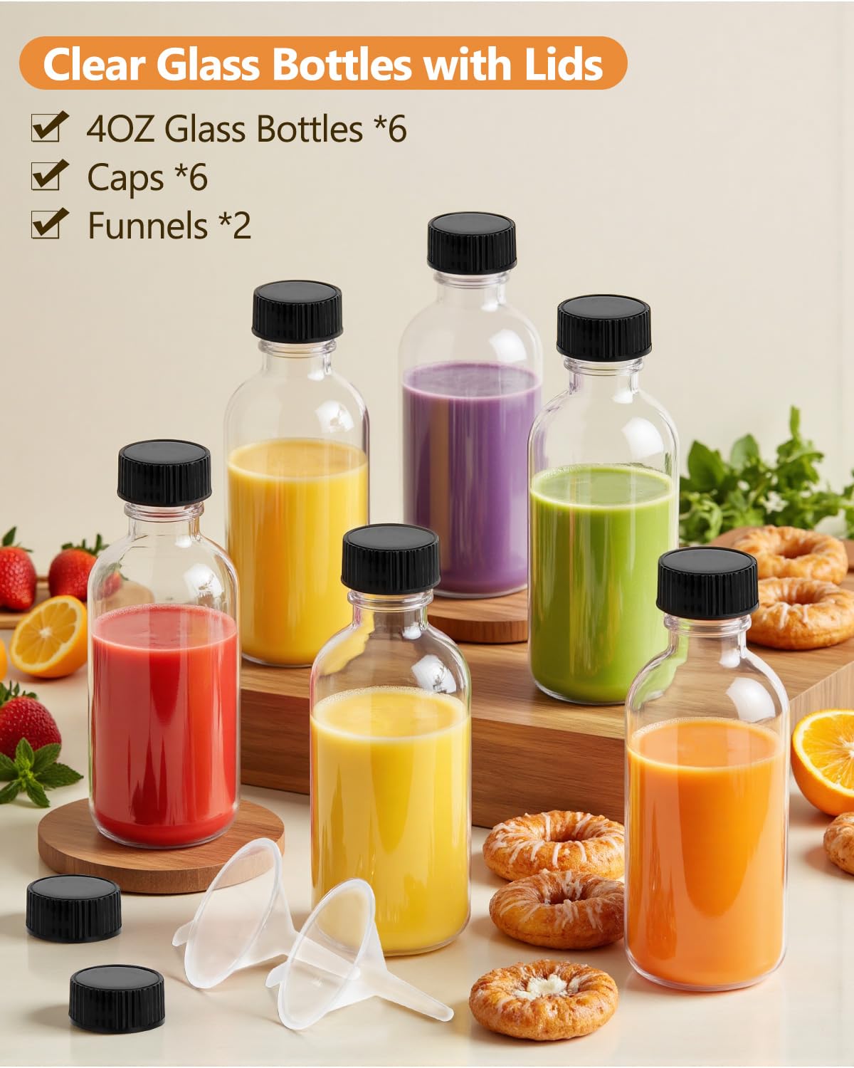 Rionisor 4OZ Small Glass Bottles with Lids and Funnels, 120ml Boston Round Glass Bottles, Leak Proof Mini Travel Bottle, Perfect for Diy Essential Oils, Hot Sauce and Juices, 6 Pack Clear