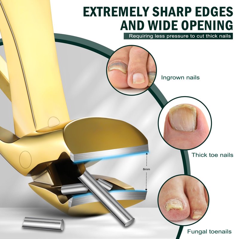 FVION Ergonomic Seniors Toenail Clippers, Curved Head Toe Nail Clippers for Thick Nails with Nail Catcher and Metal Nail File, Precision Nail Care Tool for Easier Trimming (Gold)