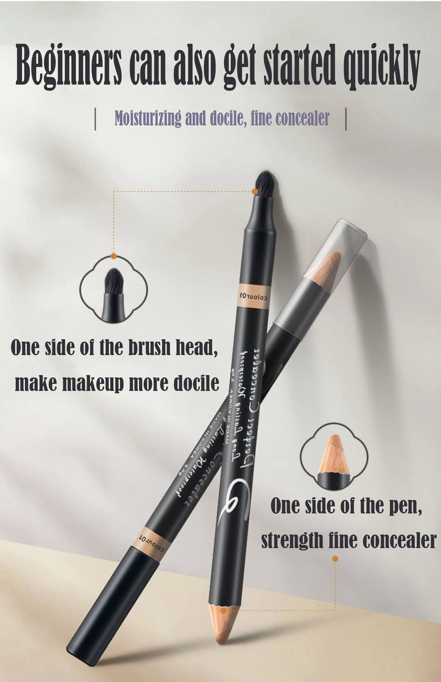 Full Coverage Concealer Pencil for Face, 2 in 1 Dual-Sided Eyebrow Face Concealer Crayon Highlighter Stick, Professional Waterproof Foundation Concealer for Eye Dark Circles, Scar, Concealer Pencil with Brush for Men and Women