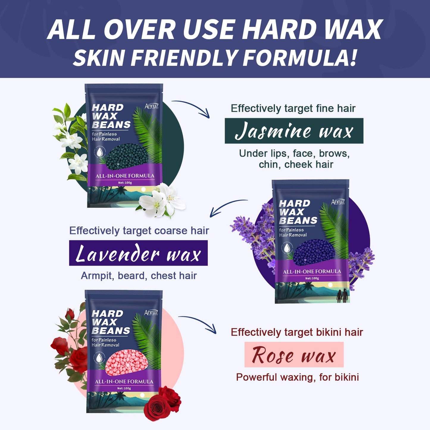 Anruz Waxing Kit for Women Men - Wax Kit for Hair Removal with Silicone Bowl,4 Bags Hard Waxing Beads and 40 Sticks - at Home Use Wax Warmer for Full Body, Bikini, Eyebrow, Face, Sensitive Skin