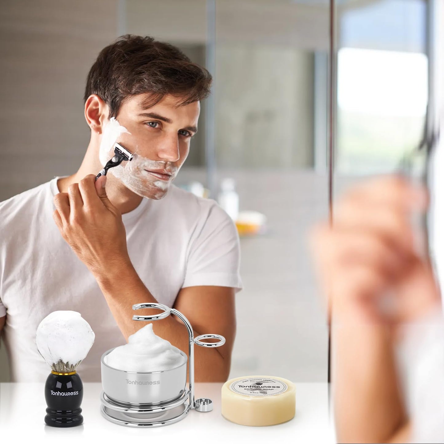Badger Hair Shaving Brush With Wood Handle, Goat Milk Shaving Soap, Dual-ring Base Stainless Steel Shaving Stand Holder and 3 Layers Shaving Bowl for Men's Wet Shaving (Black With Badger Hair)