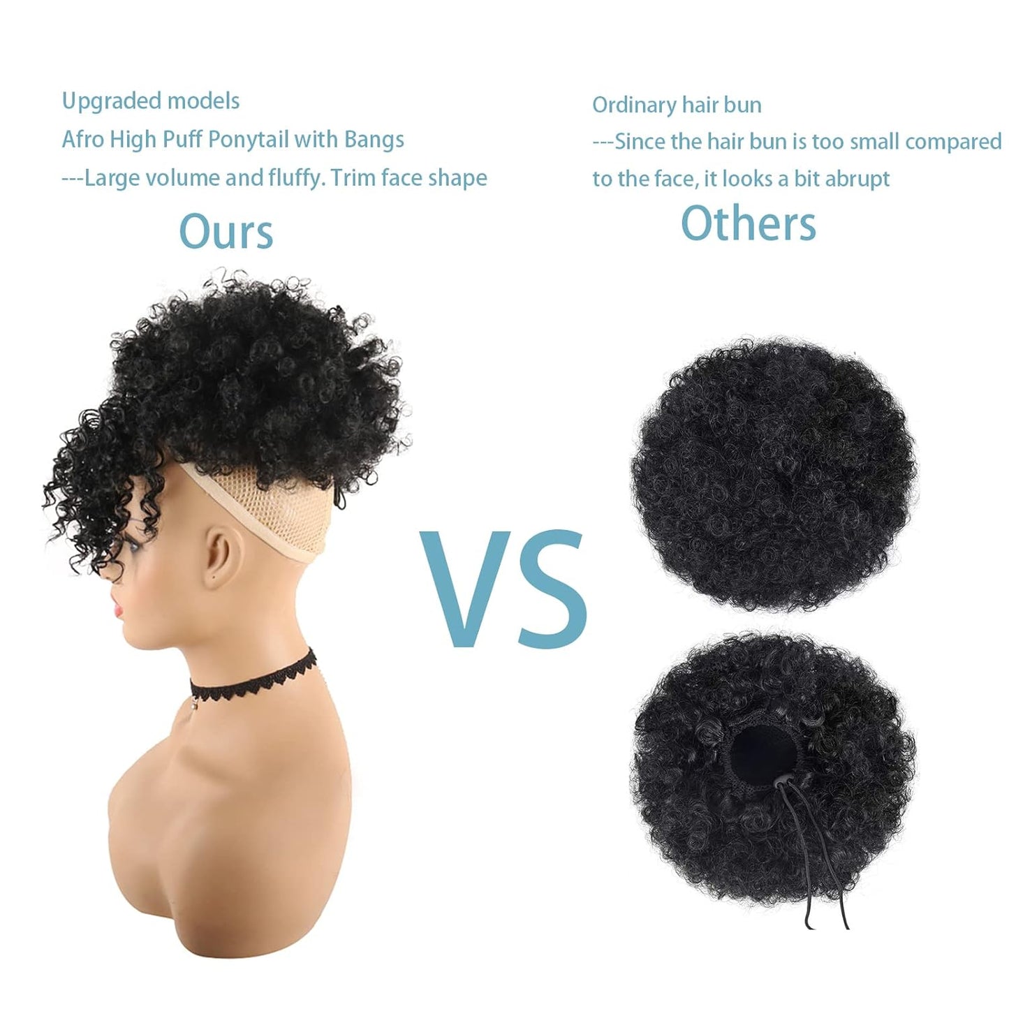 Curly Ponytail Wig for Black Women - Afro High Puff Bun Hair Piece with Bangs | Synthetic Drawstring Extension