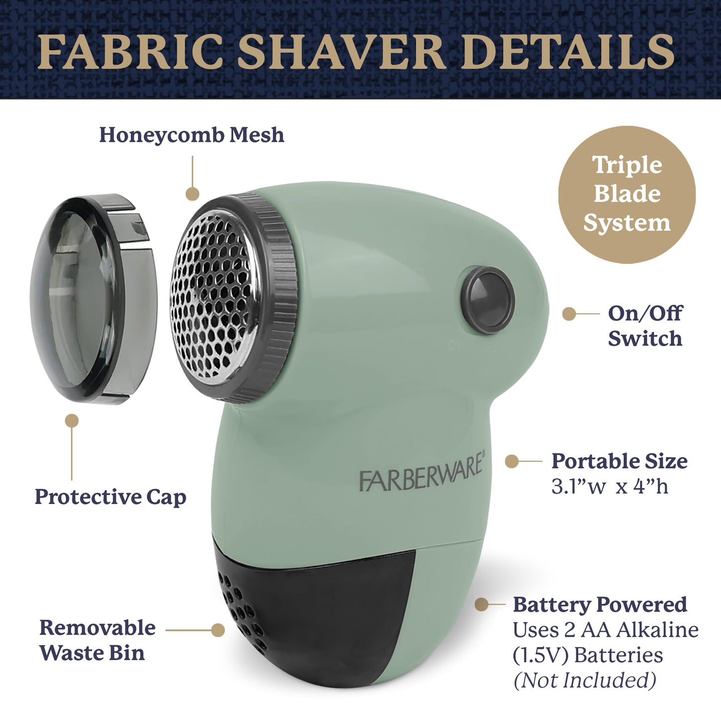 Farberware Fabric Shaver & Lint Remover for Clothes – Battery Operated Lint Shaver with Triple Blades, Sweater Shaver to Remove Pilling for Clothing, Couch, Furniture, Fuzz, Lint Balls