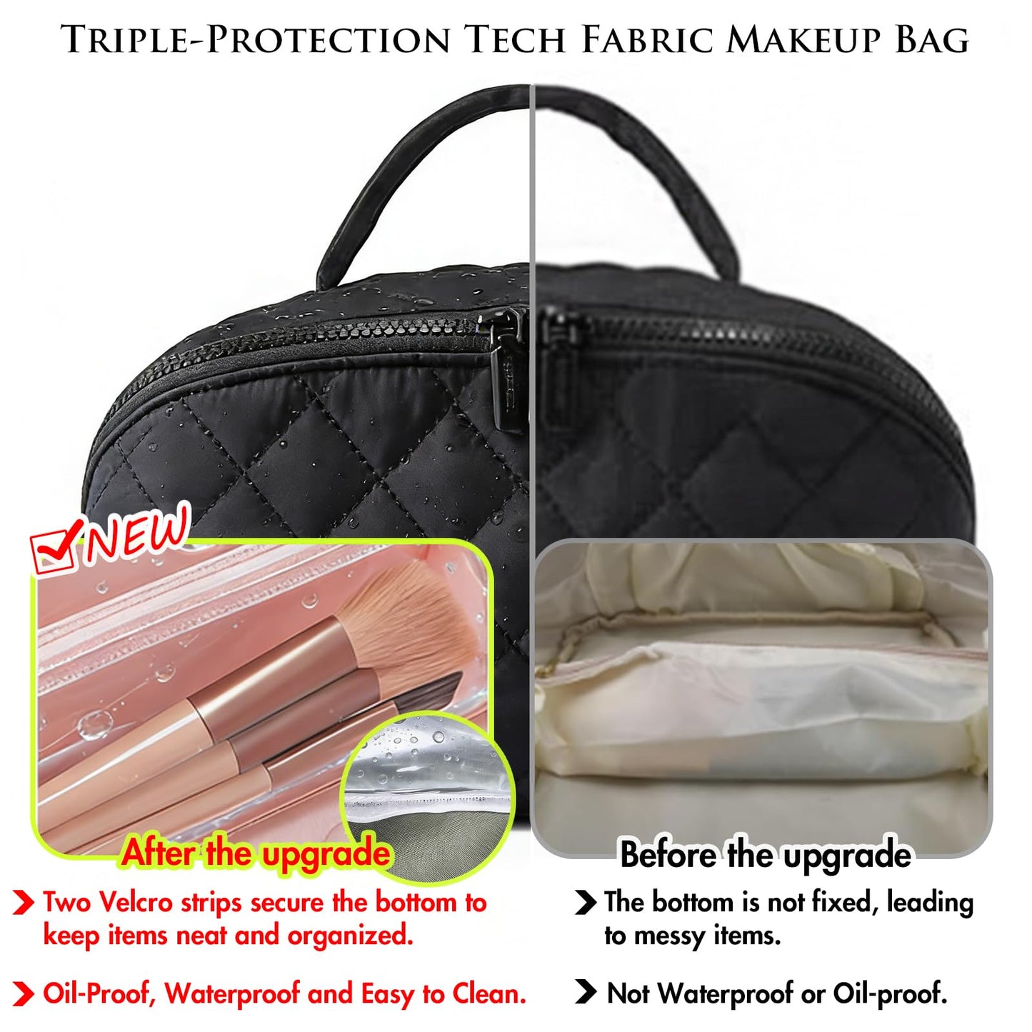 MINGRI Petition Makeup Bag for Travel,Women Quilted Cosmetic Bag Puffer Large Capacity Toiletry Bag 2Pcs,Lay Falt 180°Open Valentine's Day Gift for Toiletries & Brushes with Compartments(Black)