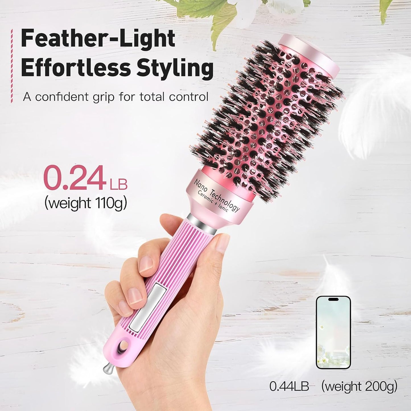 Round Hair Brush - Mixed Boar & Plastic Bristles for Salon-Style | 1.7-Inch Ceramic, Includes 4 Hair Clips