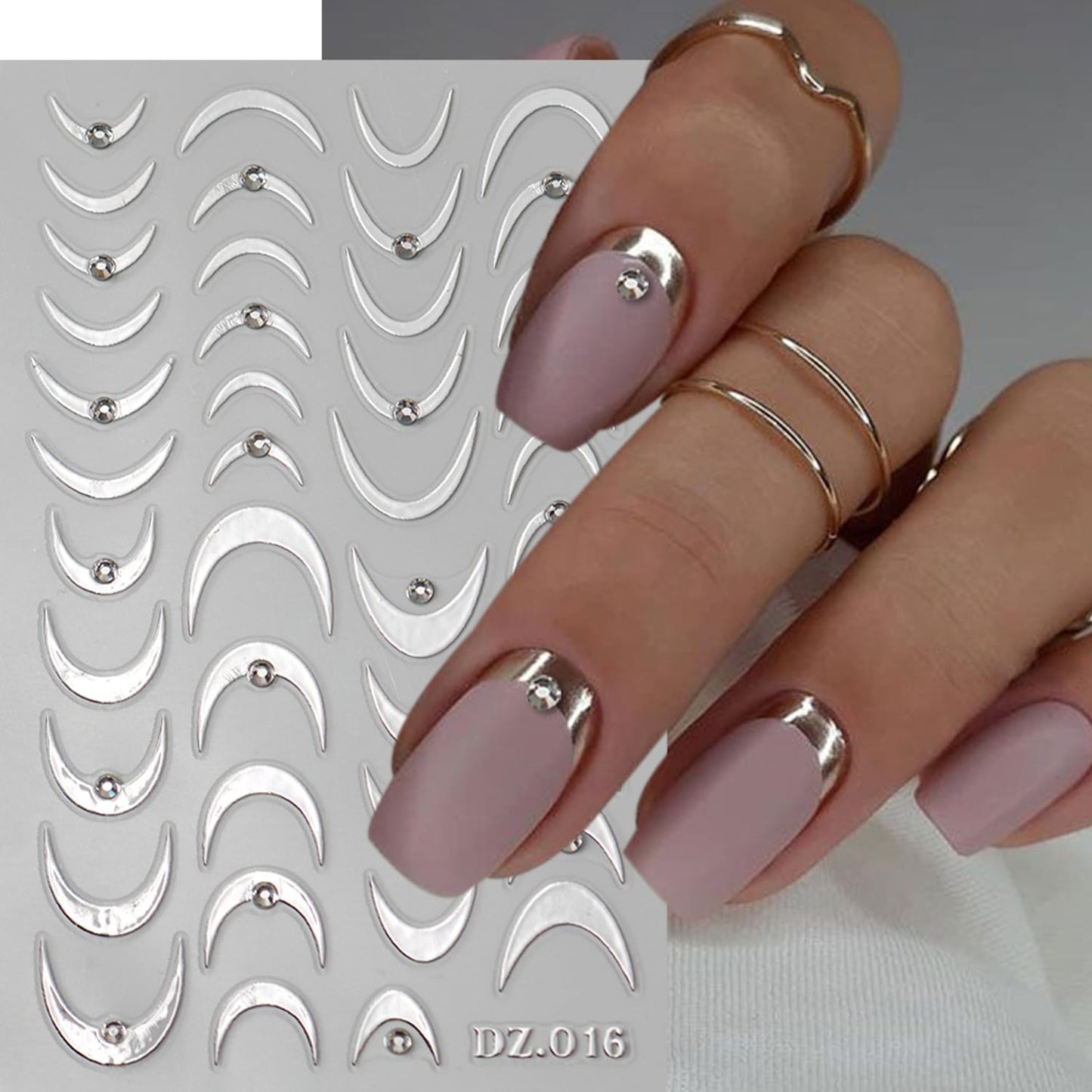 8PCS Line Nail Art Sticker Gold Silver Foil Nail Stickers Nail Art Supplies 3D Metallic Curve Stripe Wave Lines Nail Decals French Nail Design with Rhinestone Accessories Striping Tape Wavy Nail Decor