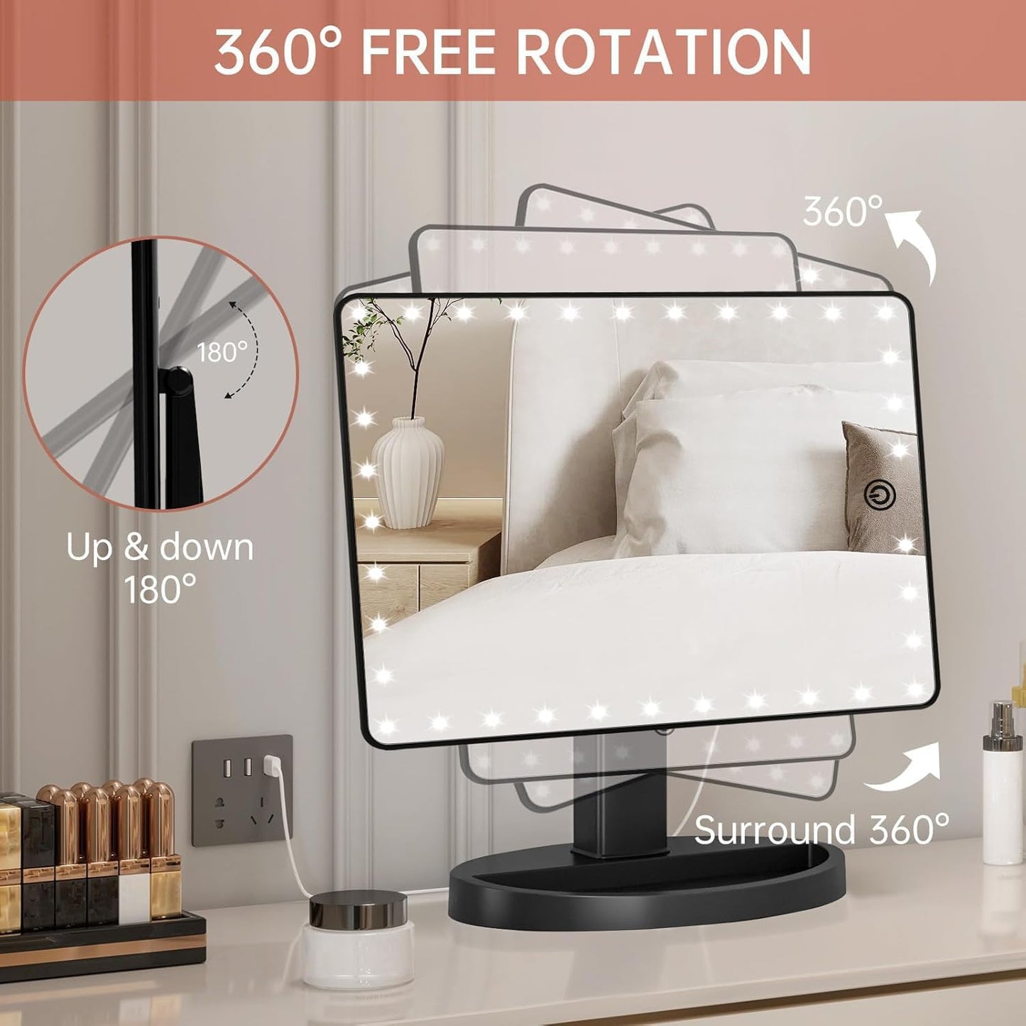 Large Lighted Makeup Mirror - 10x Magnification, 360° Rotation | Adjustable Brightness for Desk Use