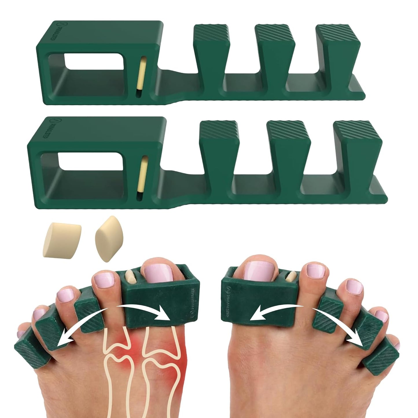 Adjustable Toe Separators - Bunion Corrector & Plantar Fasciitis Relief | 50% Thicker, 2 Pairs, Green - S/M & Large