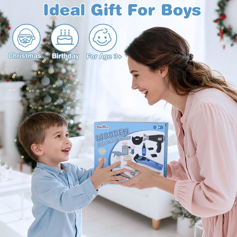Barber Shop Pretend Play Set, Kids Shaving Kit Wooden Hair Salon Toys for Boys with Wearable Beard, Electric Shaver, Blow Dryer, Tool Bag, Toddler Role Play Barber Accessories for Boys & Girls Gifts