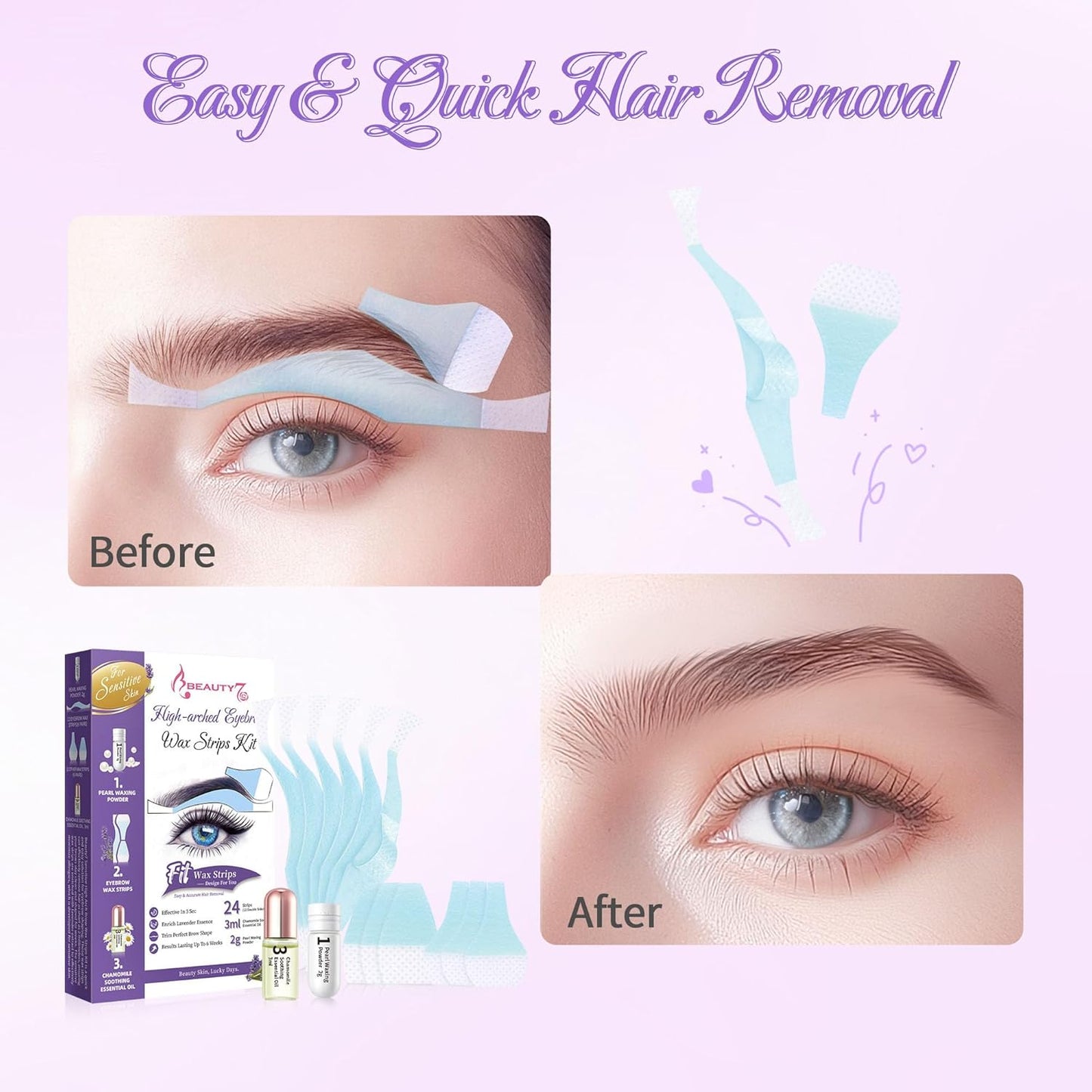 Sensitive Eyebrow Wax Strips - 24 High Arched Waxing Strips with Pearl Powder for Delicate Skin