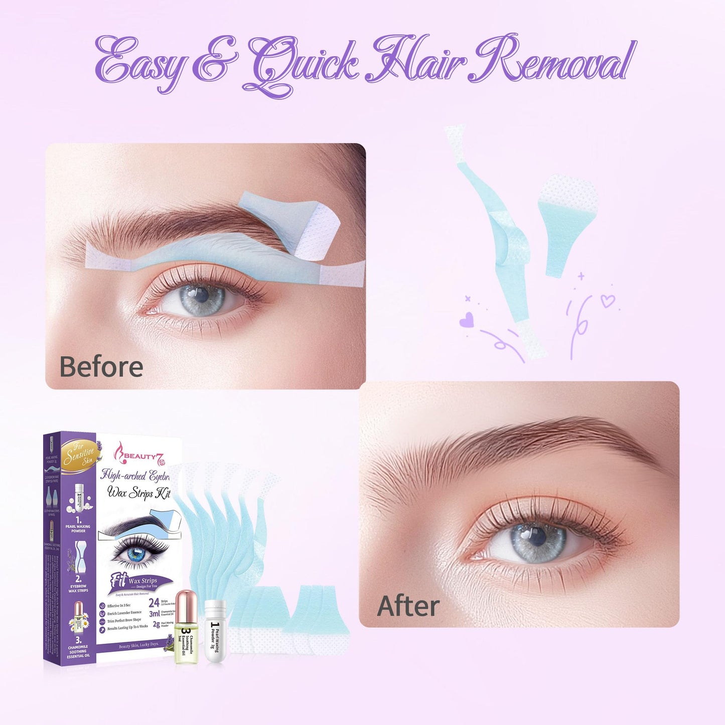 Beauty7 Sensitive High Arched Eyebrow Wax Strips, Eyebrow Waxing Strip 24 Strips with Pearl Powder Essential Oil for Sensitive Skin for Women