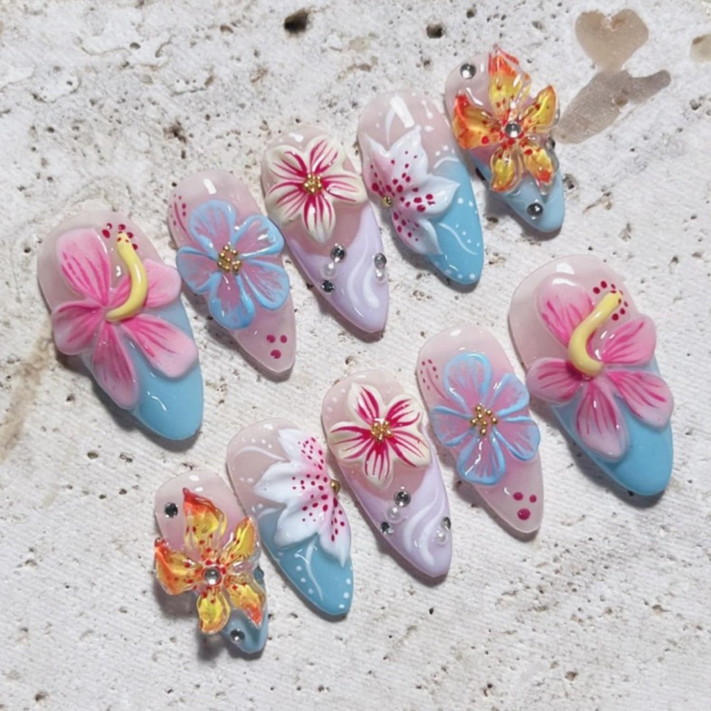 Press-On Nails - 30 Pcs Pink Flower French Tip Design | Short Almond 3D Floral Full Cover Acrylic Set