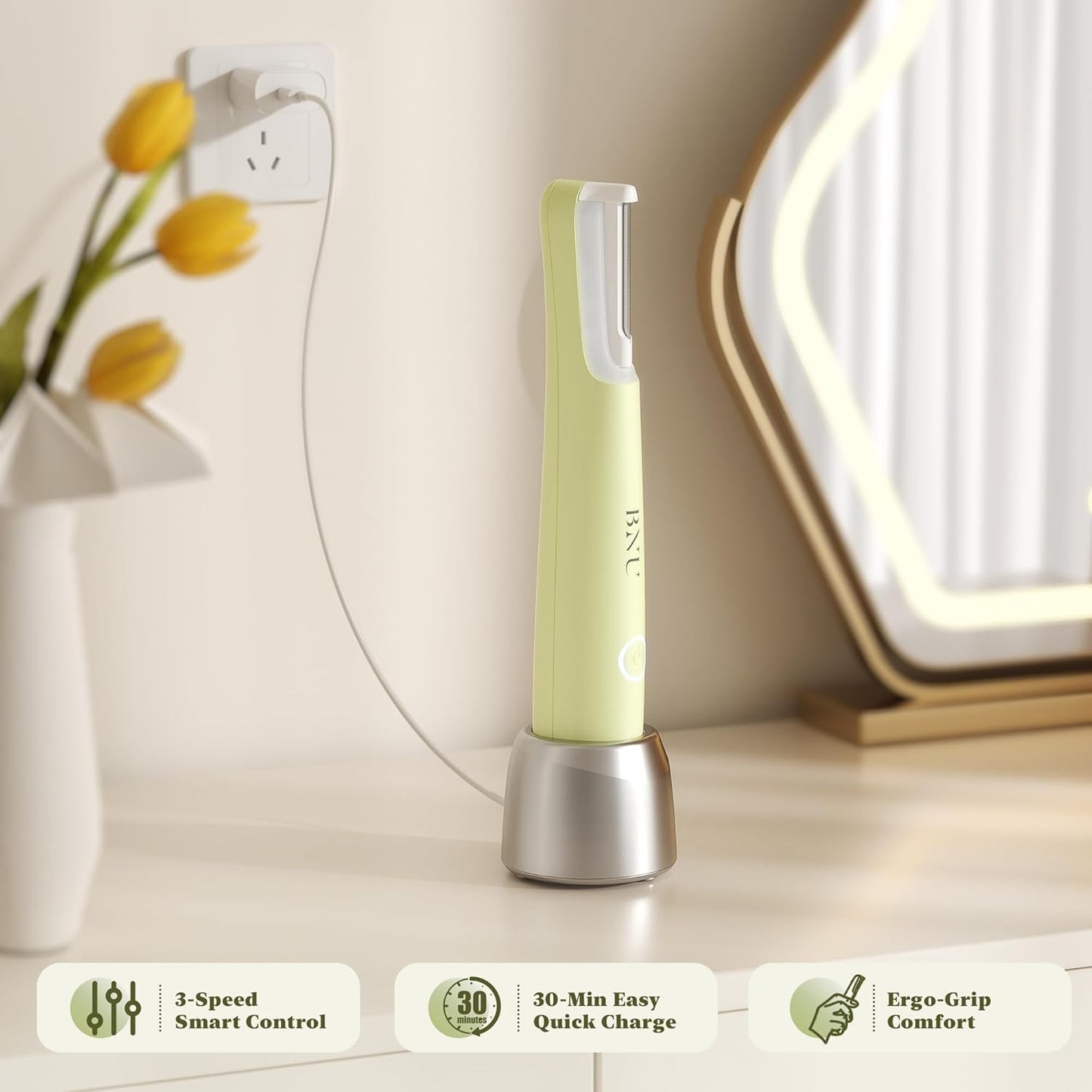 Dermaplaning Tool for Face - Sonic Razor with LED Light | 3 Speed Rechargeable Exfoliator & 10 Refill Blades - Green